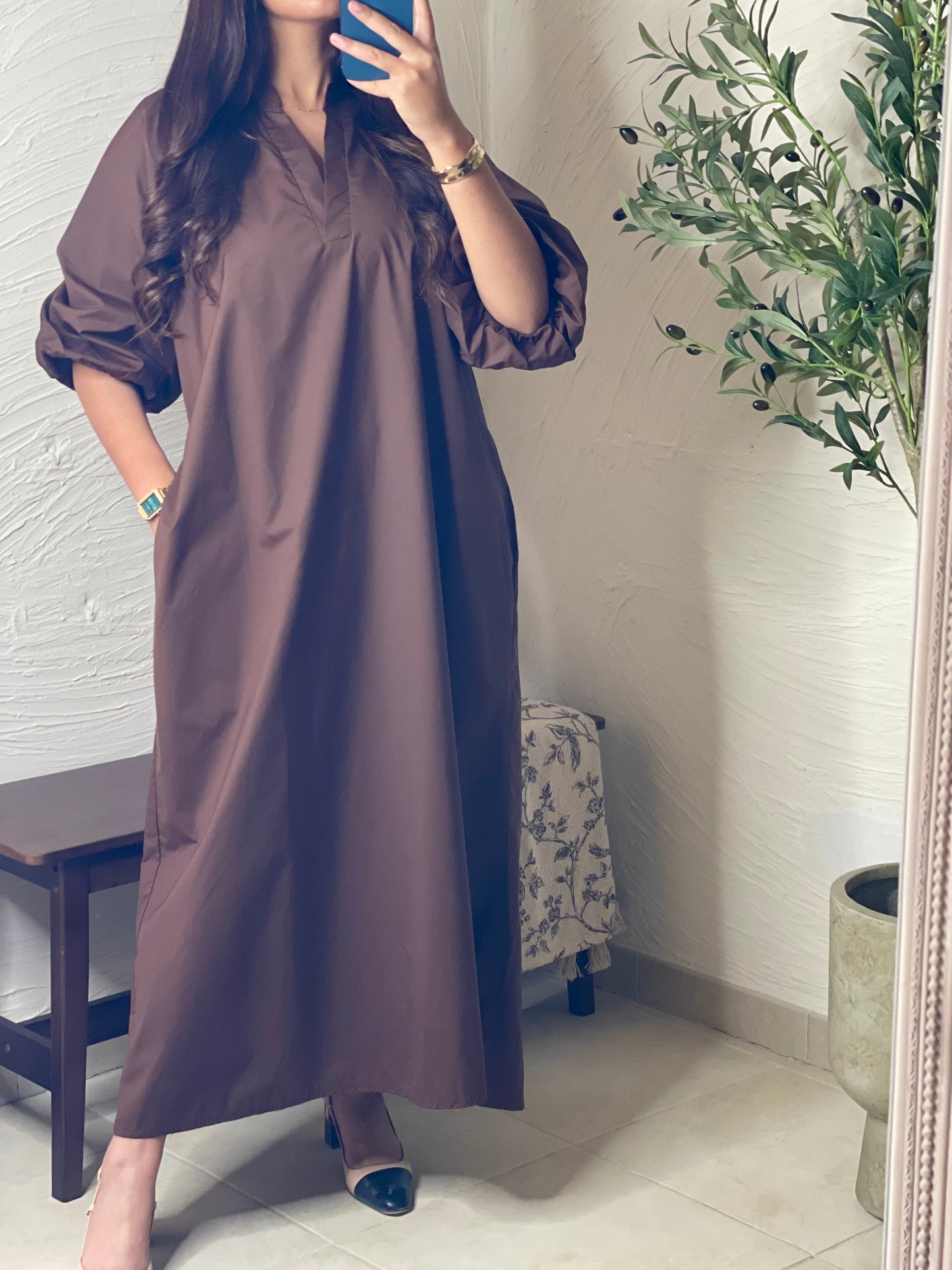 Robe manche bouffante - Marron