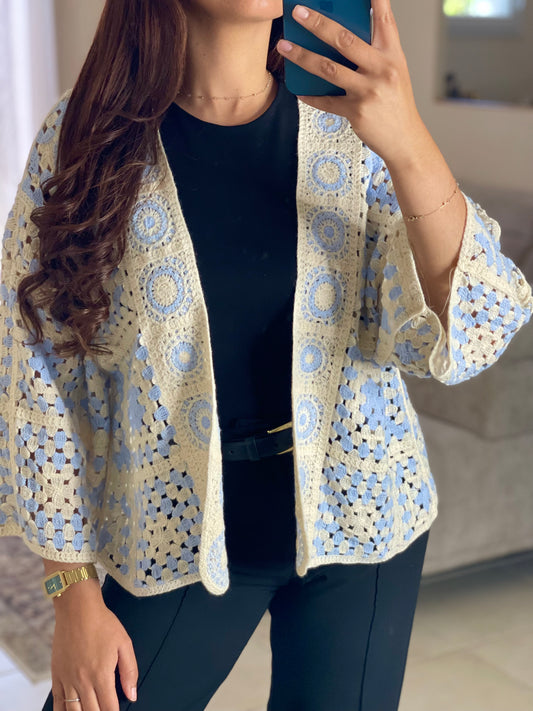 Gilet crochet court - Bleu